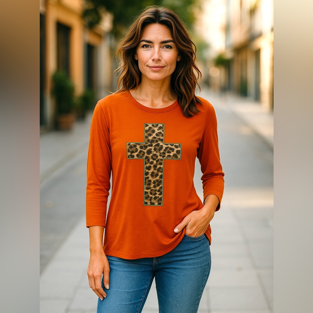 Southern Grace Burnt Orange Long Sleeve Tee With Leopard Cross Women Size Medium